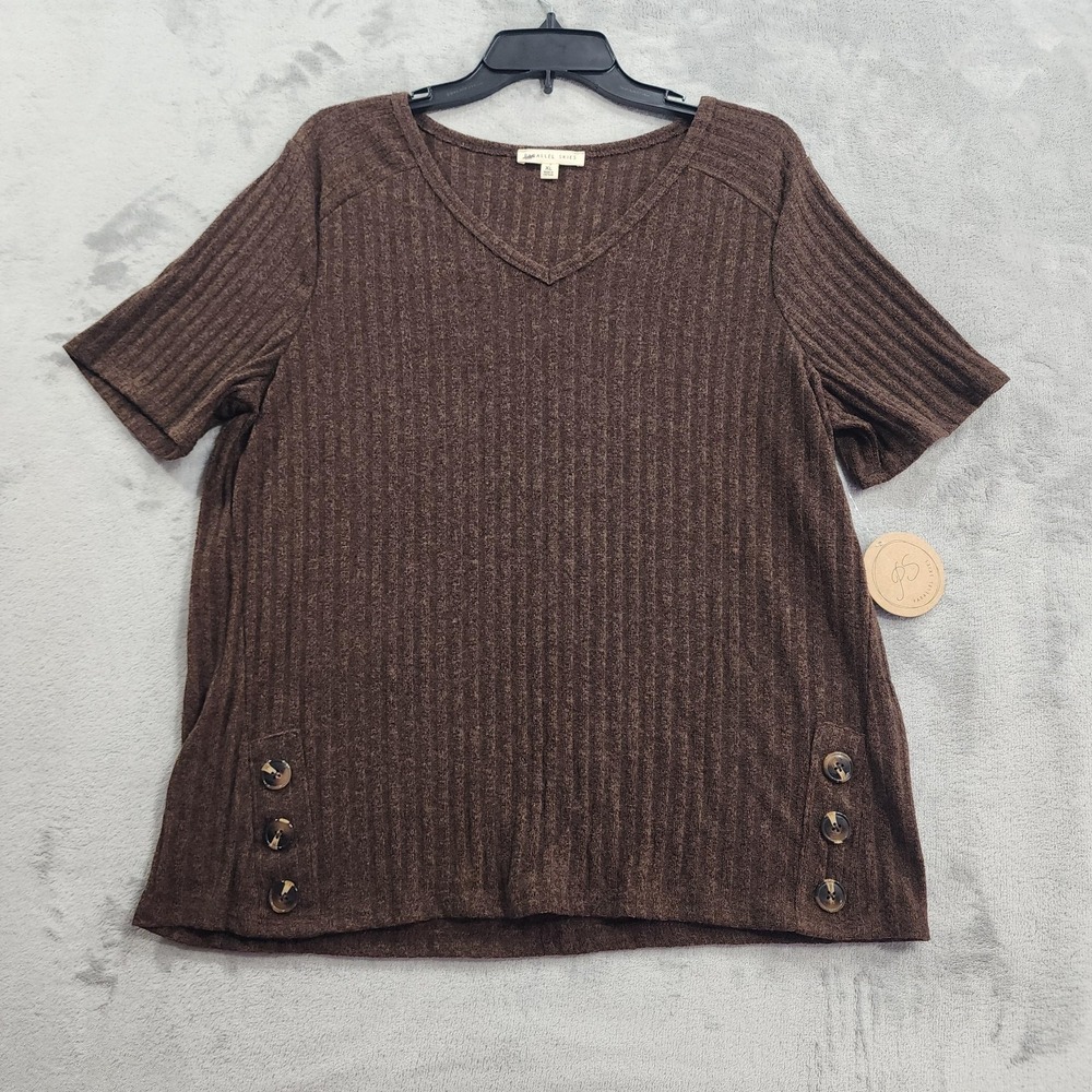 NEW Parallel Skies Top Womens XL Brown Ribbed V-Neck Short Sleeve Button Stretch